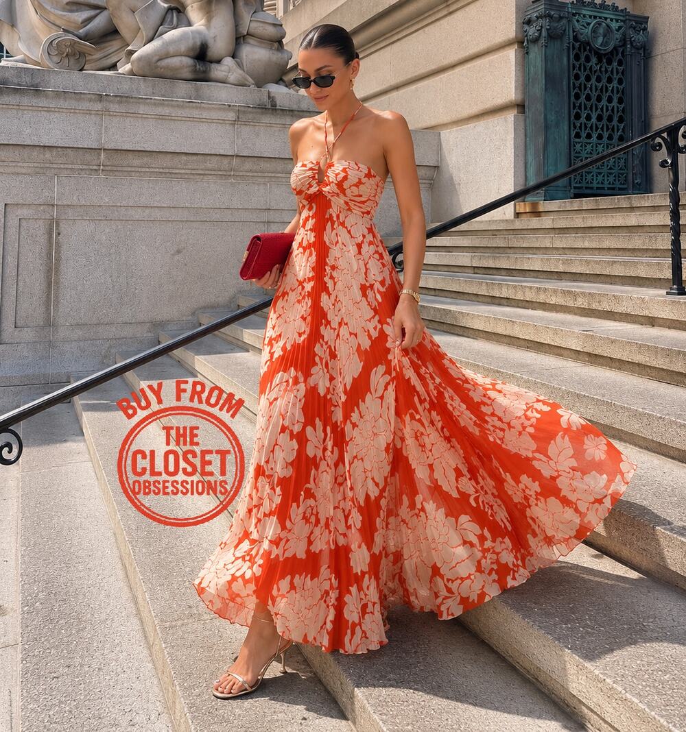 Mango NWT Red Floral Halter Pleated Maxi Dress 4 6 8 10